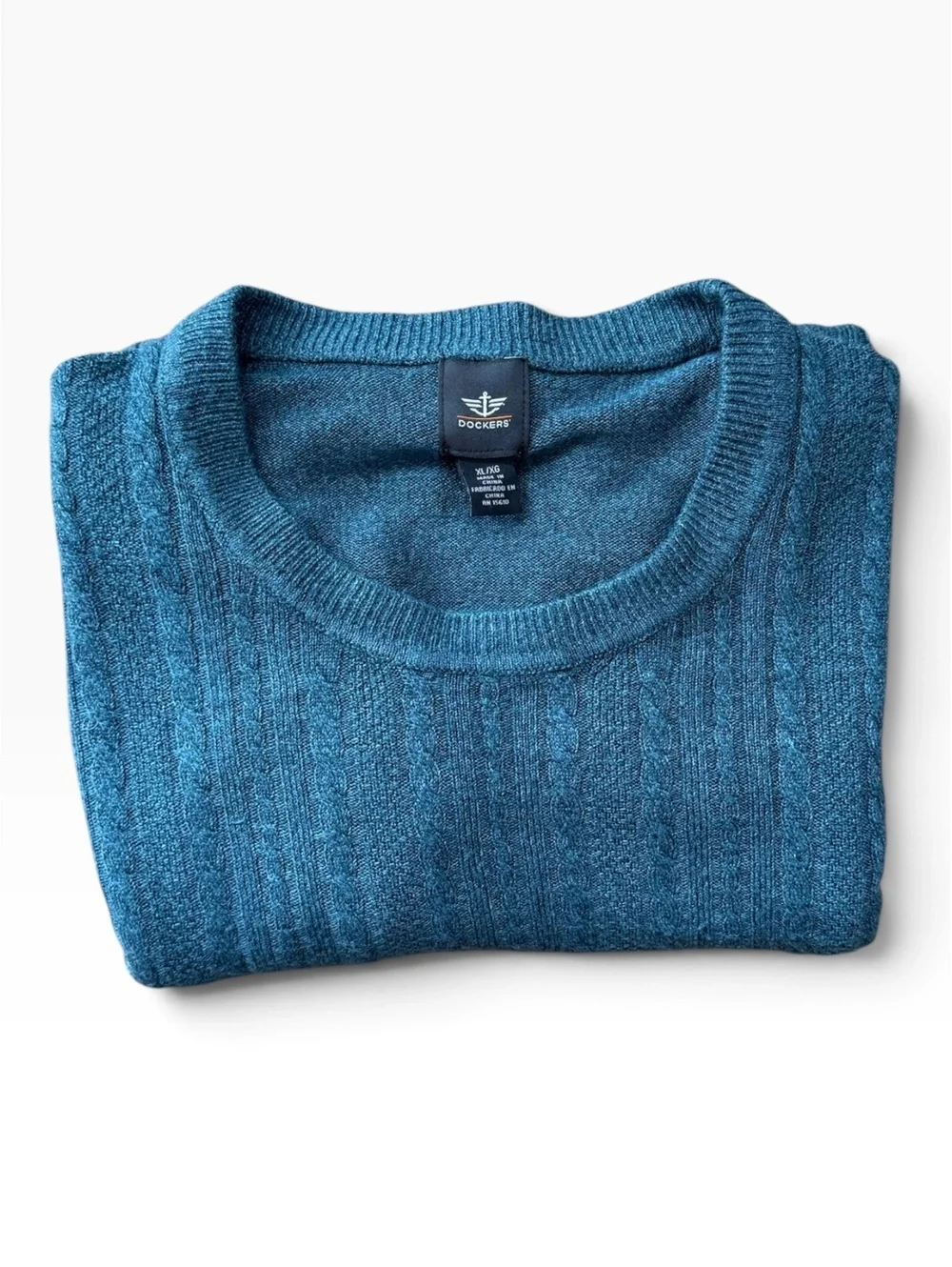 Dockers Men's XL Cable Knit Crewneck Sweater Heathered Teal Blue
